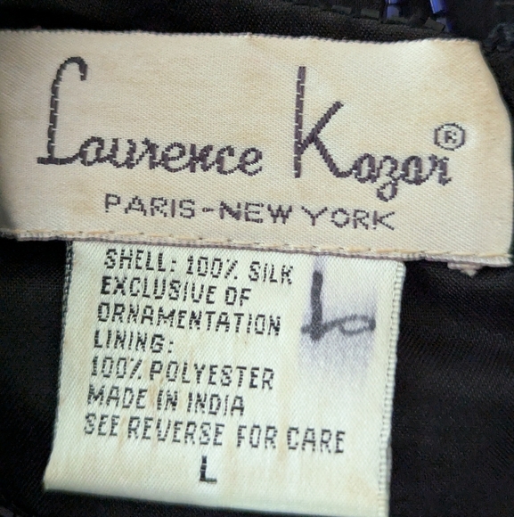 80s Laurence Kazar M/L Sequin Beaded Top 100% Silk Evening Floral Black Blue - Picture 6 of 10
